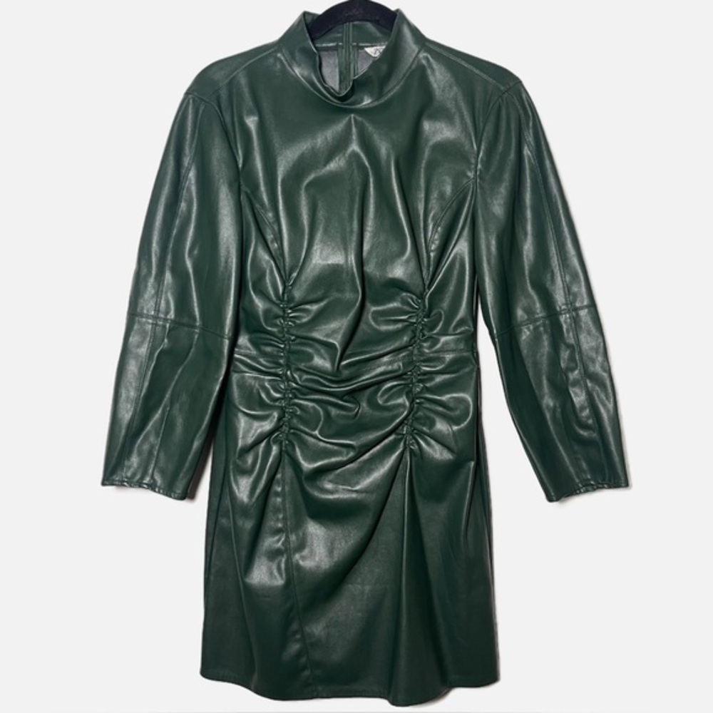 Zara Green Faux Leather Ruched Mini Dress Long Sleeve Mock Neck size Medium
